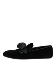 Dolce & Gabbana Black Suede Cotton Rose Slip On Loafers Shoes