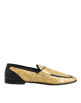 Dolce & Gabbana Yellow Black Leather Slip On Loafers Shoes