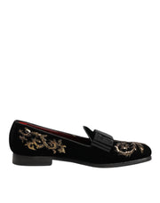 Dolce & Gabbana Black Velvet Embroidery Formal Loafers Shoes