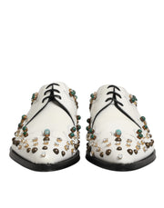 Dolce & Gabbana White Leather Crystals Embellished Derby Shoes