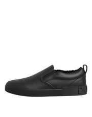 Dolce & Gabbana Black Leather Low Top Slip On Sneakers Shoes