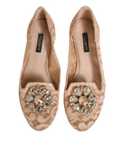 Dolce & Gabbana Beige Taormina Lace Crystals Flats Shoes