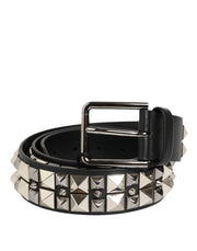 Dolce & Gabbana Black Calf Leather Studded Silver Buckle Belt