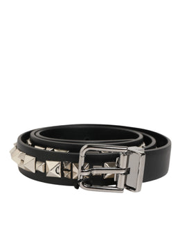 Dolce & Gabbana Black Leather Studded Silver-Tone Buckle Belt