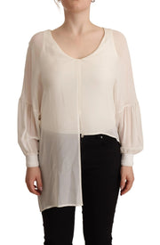 Patrizia Pepe Off White Silk Long Sleeves Deep Vneck Top