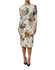 Dolce & Gabbana White Flower Vase Silk Sheath Midi Dress