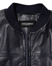 Dolce & Gabbana Blue Leather Full Zip Biker Blouson Jacket