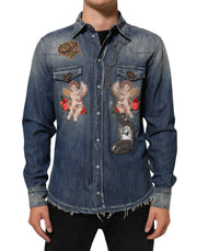 Dolce & Gabbana Blue Angel Patch Denim Buttoned Down Men Shirt