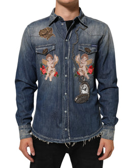 Dolce & Gabbana Blue Angel Patch Denim Buttoned Down Men Shirt