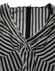 Dolce & Gabbana Black White Stripes Silk V-neck Midi Dress