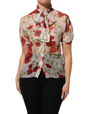 Dolce & Gabbana White Floral Tie-Neck Poppy Print Blouse Top