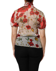 Dolce & Gabbana White Floral Tie-Neck Poppy Print Blouse Top