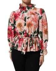 Dolce & Gabbana Pink Floral Printed Silk Ruffled Blouse Top