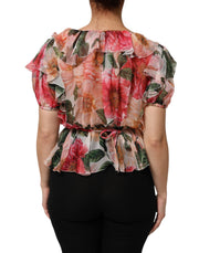 Dolce & Gabbana Pink Camellias Printed Silk V-neck Blouse Top