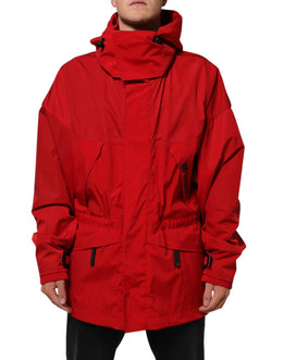 Dolce & Gabbana Red Nylon Hooded Men Full Zip Parka Jacket