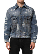 Dolce & Gabbana Blue Cotton Tattered Denim Blouson Jacket