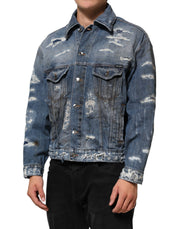 Dolce & Gabbana Blue Cotton Tattered Denim Blouson Jacket