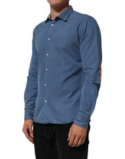 AGLINI Blue Denim Slim Fit Collared Long Sleeve Casual Shirt