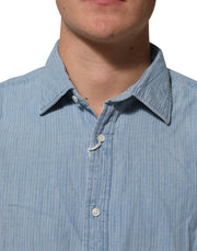 Deperlu Blue Denim Regular Fit Collared Long Sleeve Men Shirt