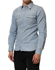 Maison Clochard Blue Denim Collared Long Sleeve Men Shirt