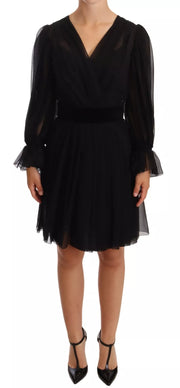 Dolce & Gabbana Black Silk Tulle Long Sleeve V-neck Dress