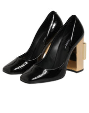 Dolce & Gabbana Black Gold Patent Leather Logo Heels Pumps Shoes