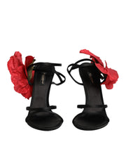 Dolce & Gabbana Black Leather Strappy Flower Heels Sandals  Shoes