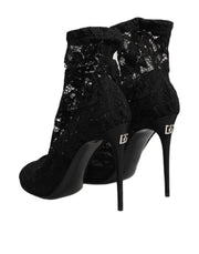 Dolce & Gabbana Black Stretch Taormina Lace Boots Shoes