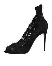 Dolce & Gabbana Black Stretch Taormina Lace Boots Shoes