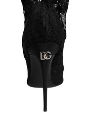 Dolce & Gabbana Black Stretch Taormina Lace Boots Shoes