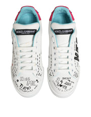 Dolce & Gabbana White Leather Graffiti Low Top Sneakers Shoes