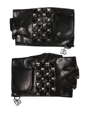 Dolce & Gabbana Black Leather Studded Fingerless Hand Mitten Men Gloves