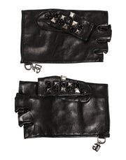 Dolce & Gabbana Black Leather Studded Fingerless Hand Mitten Men Gloves