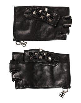 Dolce & Gabbana Black Leather Studded Fingerless Hand Mitten Men Gloves