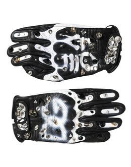 Dolce & Gabbana Gloves Black White Crystal Wrist Length Mitten  Gloves
