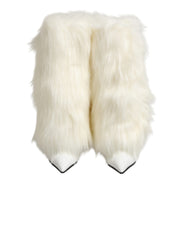 Dolce & Gabbana White Fur Pointed Knee High Stiletto Boots Shoes