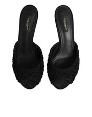 Dolce & Gabbana Black Embroidered Slip On Heels Slides Shoes