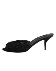 Dolce & Gabbana Black Embroidered Slip On Heels Slides Shoes