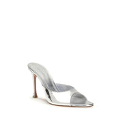 Amina Muaddi Silver Calf Leather Bos Taurus Stiletto Heel Sandals