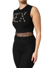 Dolce & Gabbana Black Jersey Lace Ruching Rhinestone Tank Top