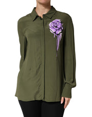 Boutique Moschino Top Green Acetate Collared Long Sleeves Floral Top