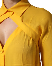 Moschino Couture Yellow Silk Collared Long Sleeves  Top
