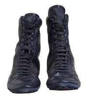 Dolce & Gabbana Dark Blue Deer Leather Mid Calf Boots Shoes
