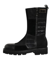Dolce & Gabbana Black Patchwork Leather Mid Calf Boot  Shoes