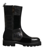 Dolce & Gabbana Black Patchwork Leather Mid Calf Boot  Shoes