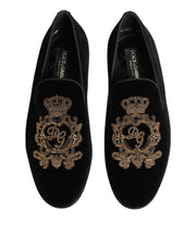 Dolce & Gabbana Black Velvet Gold Crown Mens Loafers Shoes