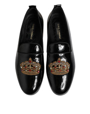 Dolce & Gabbana Black Leather Gold Crown Mens Loafers Shoes