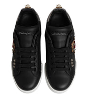 Dolce & Gabbana Black Leather Heart Embellished Sneakers Shoes