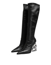 Dolce & Gabbana Black Leather DG Logo Knee High Boots Shoes