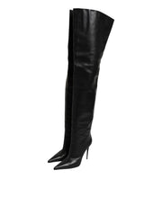 Dolce & Gabbana Black Leather Stiletto Knee High Boots Shoes